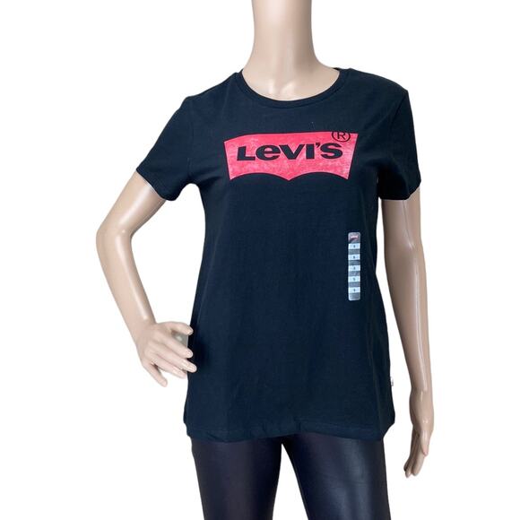New Levi's Women's Black Logo Perfect Crew Neck Pullover Cotton T-Shirt Size SP - Picture 2 of 6